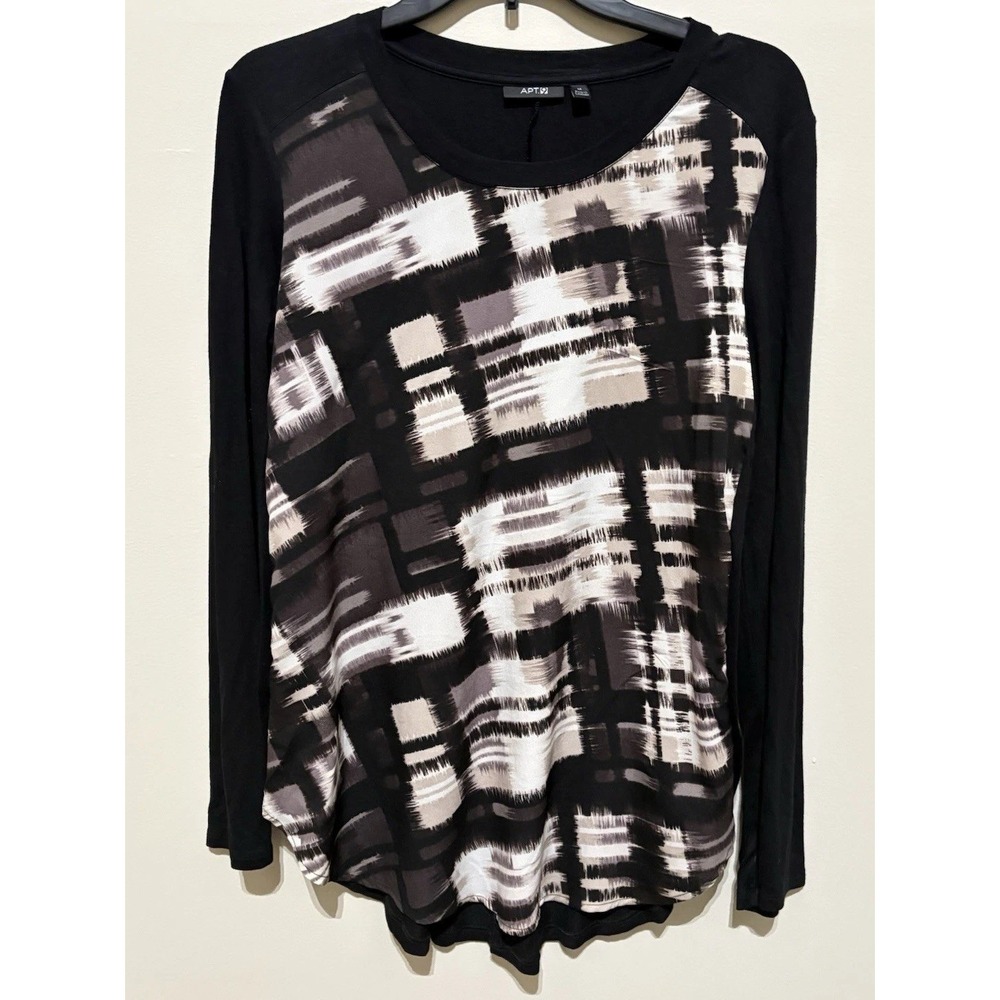 Apt. 9 Women's Top Size M Black/White/Gray Geometric Blouse L/S Chiffon Front EC